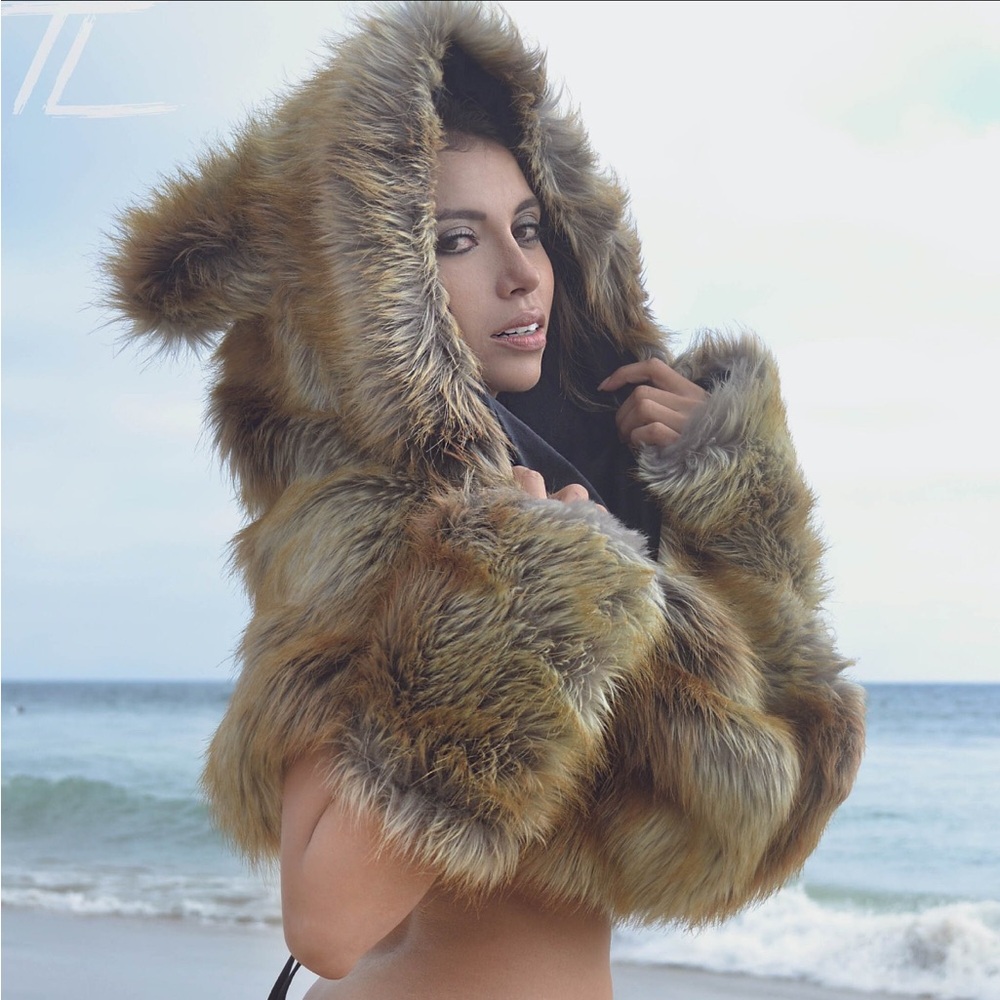 Faux Fur Hooded Teddy Jacket - Brown Multi